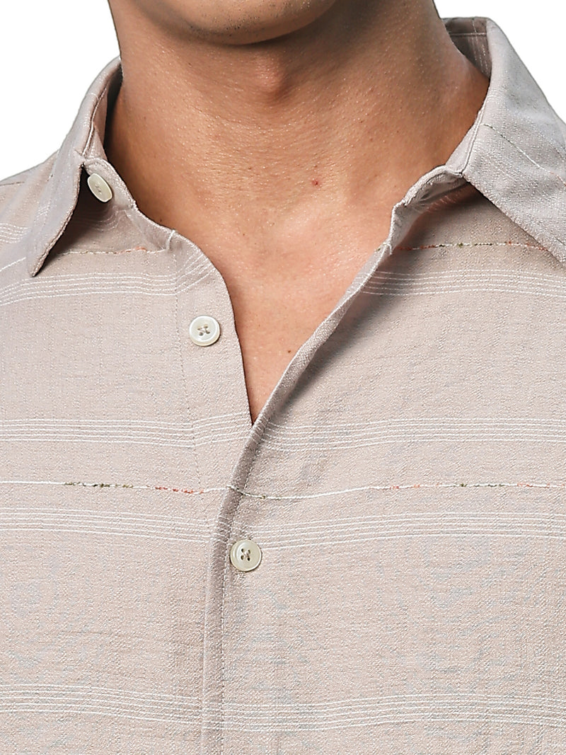 Thomas Scott Men Beige Slim Fit Long Sleeves Horizontal Stripes Casual Shirt