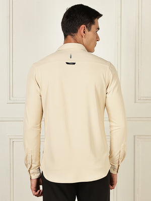 Thomas Scott Men Beige Premium Slim Fit Long Sleeves 4 Way Stretch CoolMax Knitted Casual Shirt