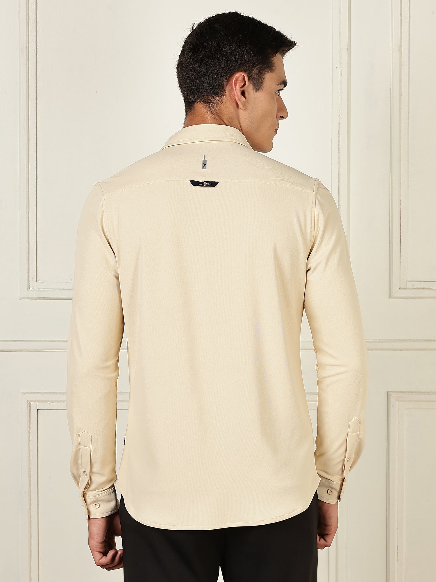 Thomas Scott Men Beige Premium Slim Fit Long Sleeves 4 Way Stretch CoolMax Knitted Casual Shirt
