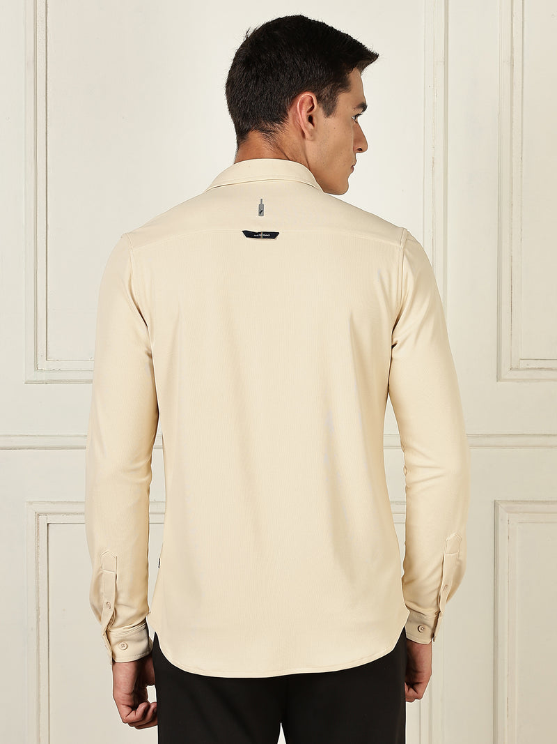 Thomas Scott Men Beige Premium Slim Fit Long Sleeves 4 Way Stretch CoolMax Knitted Casual Shirt