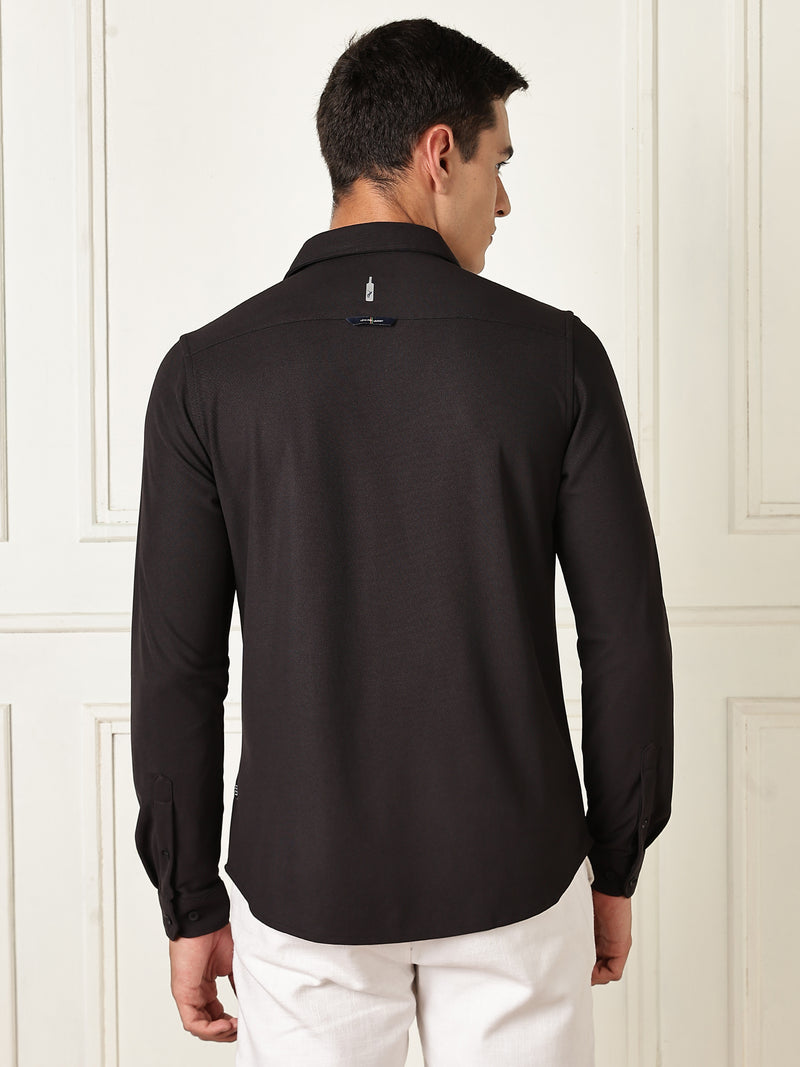 Thomas Scott Men Black Premium Slim Fit Long Sleeves 4 Way Stretch CoolMax Knitted Casual Shirt