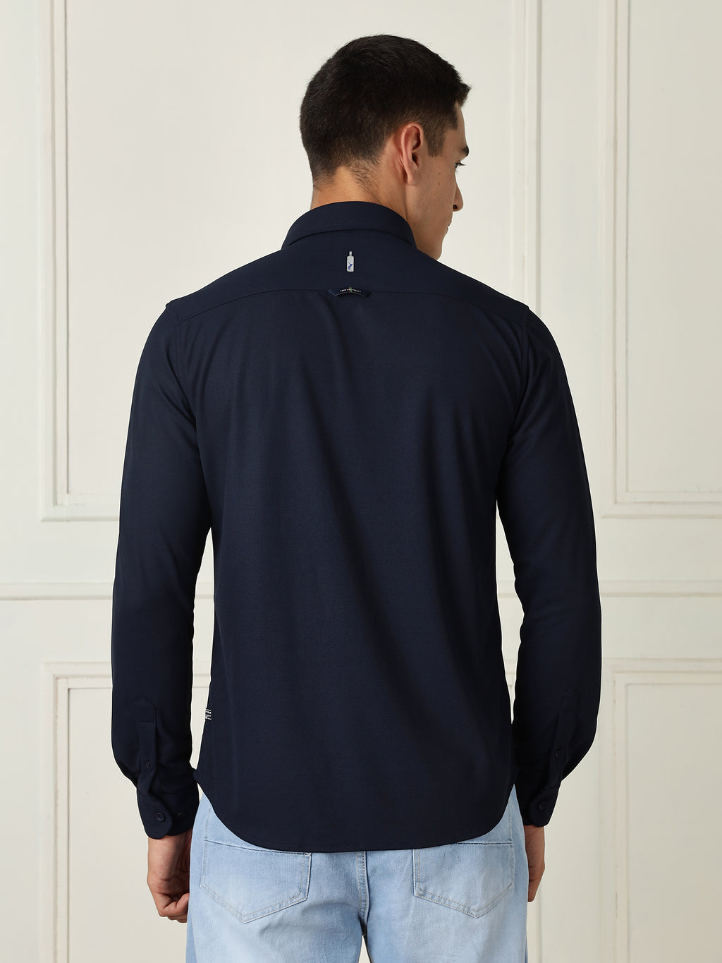 Thomas Scott Men Navy Premium Slim Fit Long Sleeves 4 Way Stretch CoolMax Knitted Casual Shirt