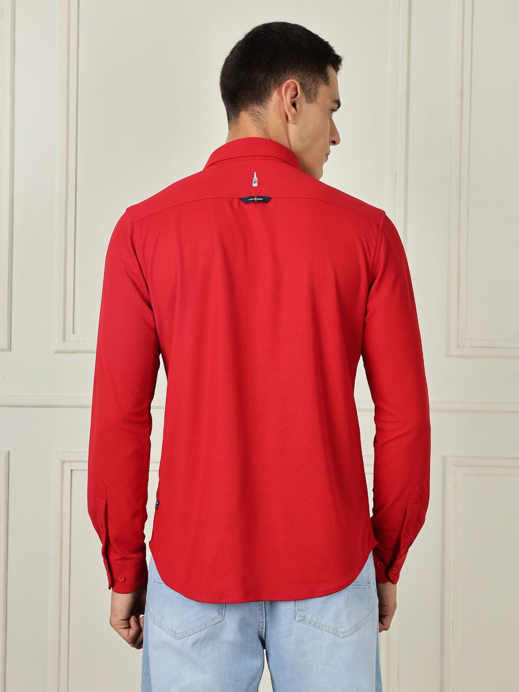 Thomas Scott Men Red Premium Slim Fit Long Sleeves 4 Way Stretch CoolMax Knitted Casual Shirt