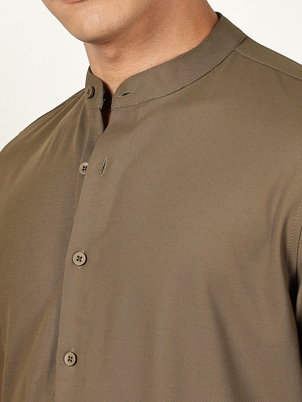 Thomas Scott Men Olive Premium Slim Fit Long Sleeves Mandarin Collar 4 Way Stretch CoolMax Knitted Shirt