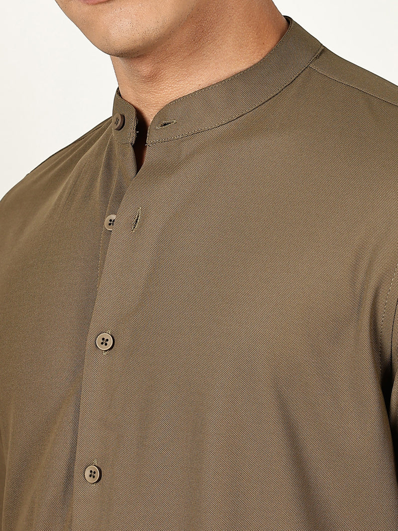 Thomas Scott Men Olive Premium Slim Fit Long Sleeves Mandarin Collar 4 Way Stretch CoolMax Knitted Shirt