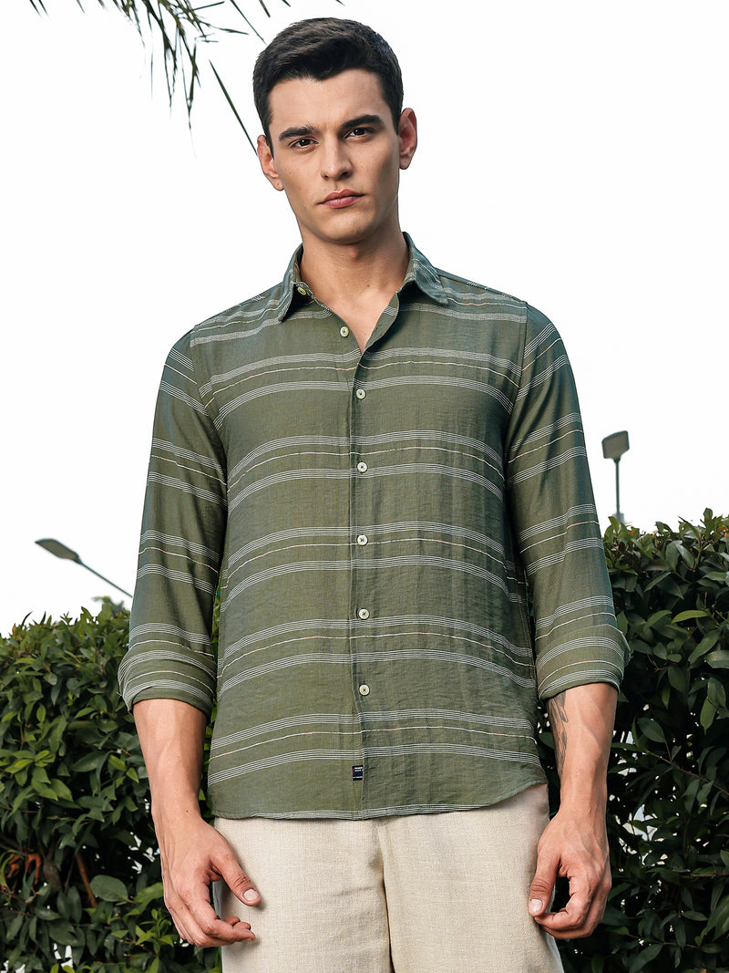Thomas Scott Men Olive Slim Fit Long Sleeves Horizontal Stripes Casual Shirt