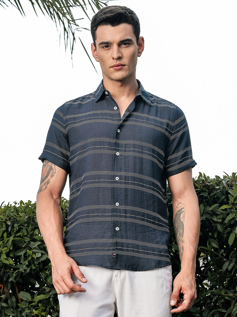 Thomas Scott Men Peacock Slim Fit Short Sleeves Horizontal Stripes Woven Casual Shirt
