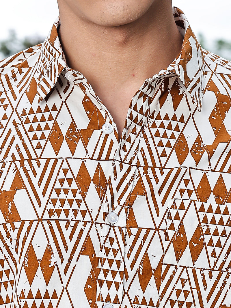 Thomas Scott Men Brown Regular Fit Long Sleeves Geometric Print Pure Cotton Casual Shirt