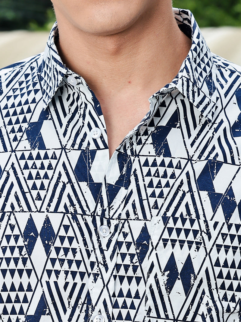 Thomas Scott Men Navy Blue Regular Fit Long Sleeves Geometric Print Pure Cotton Casual Shirt