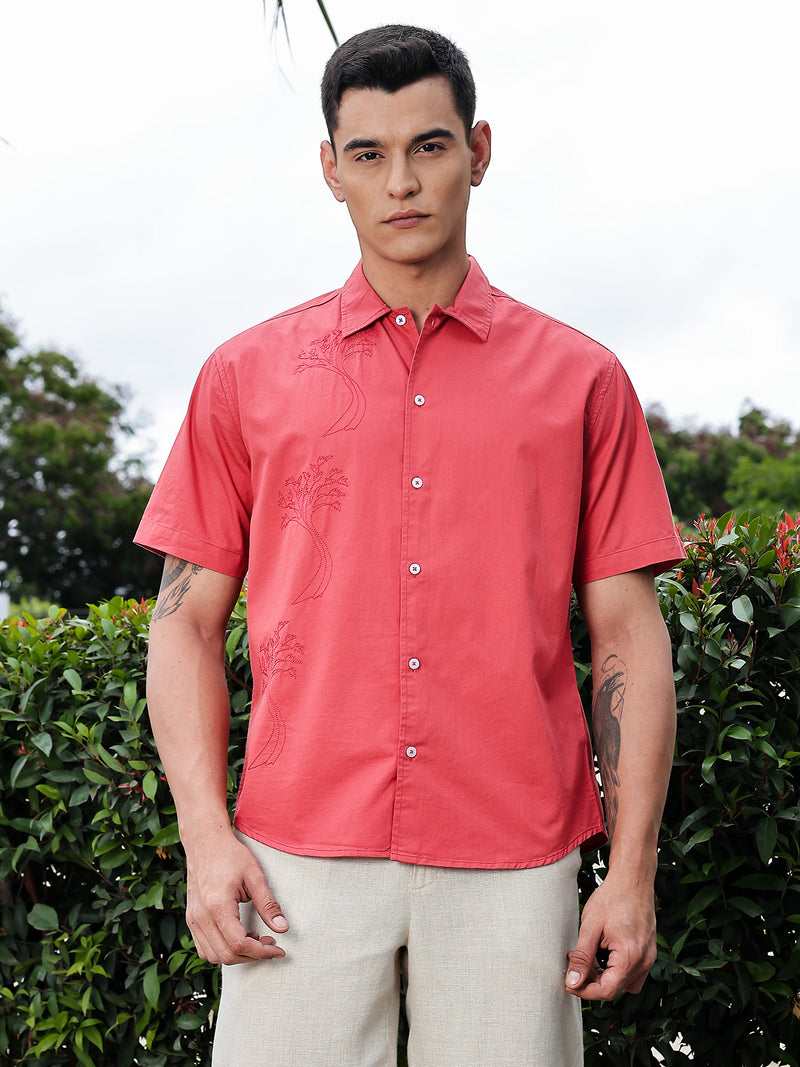 Thomas Scott Men Red Regular Fit Short Sleeves Spread Collar Embroidered Shirt