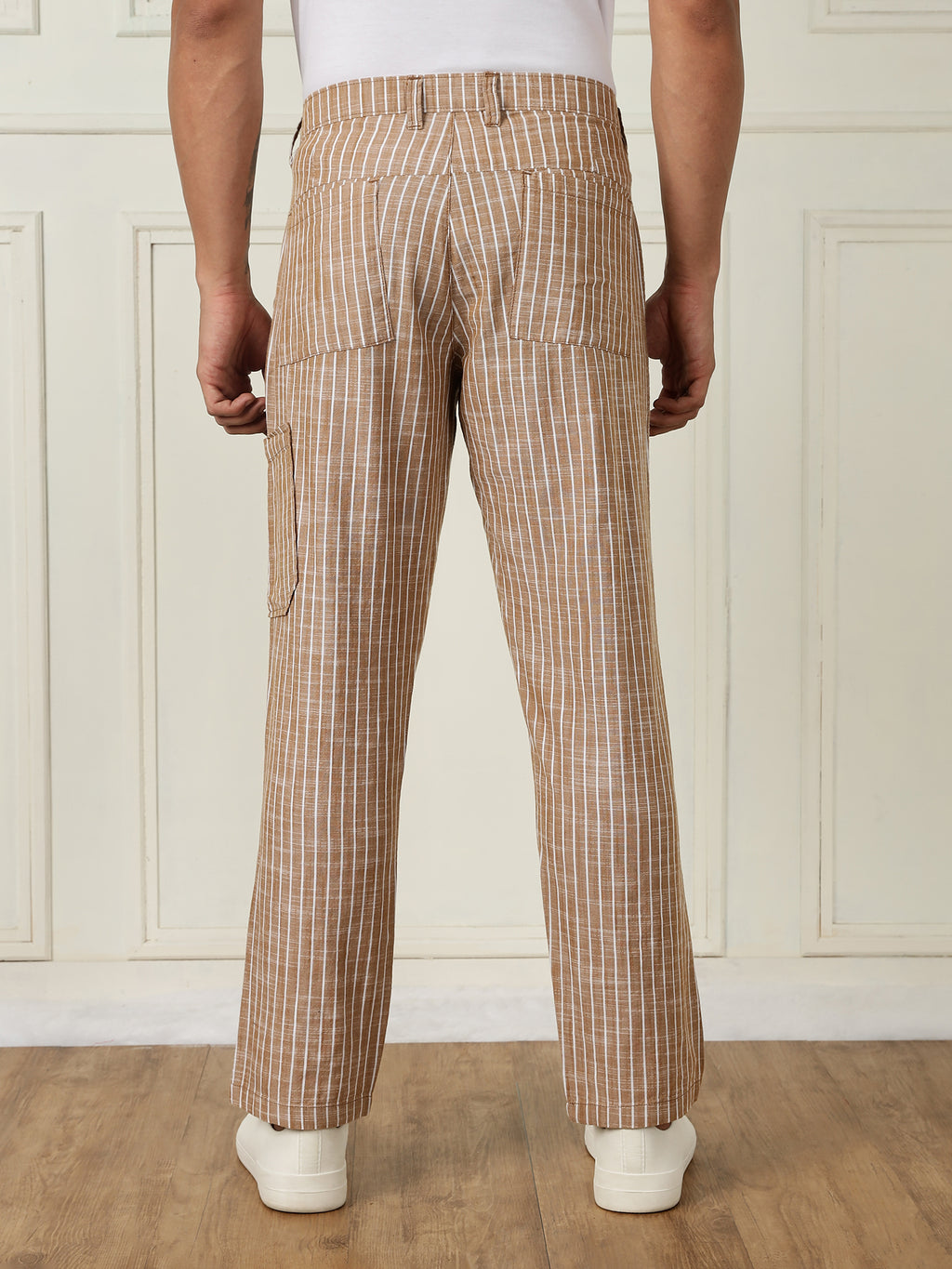 Thomas Scott Men Beige Mid-Rise Straight Fit Striped Linen Trouser