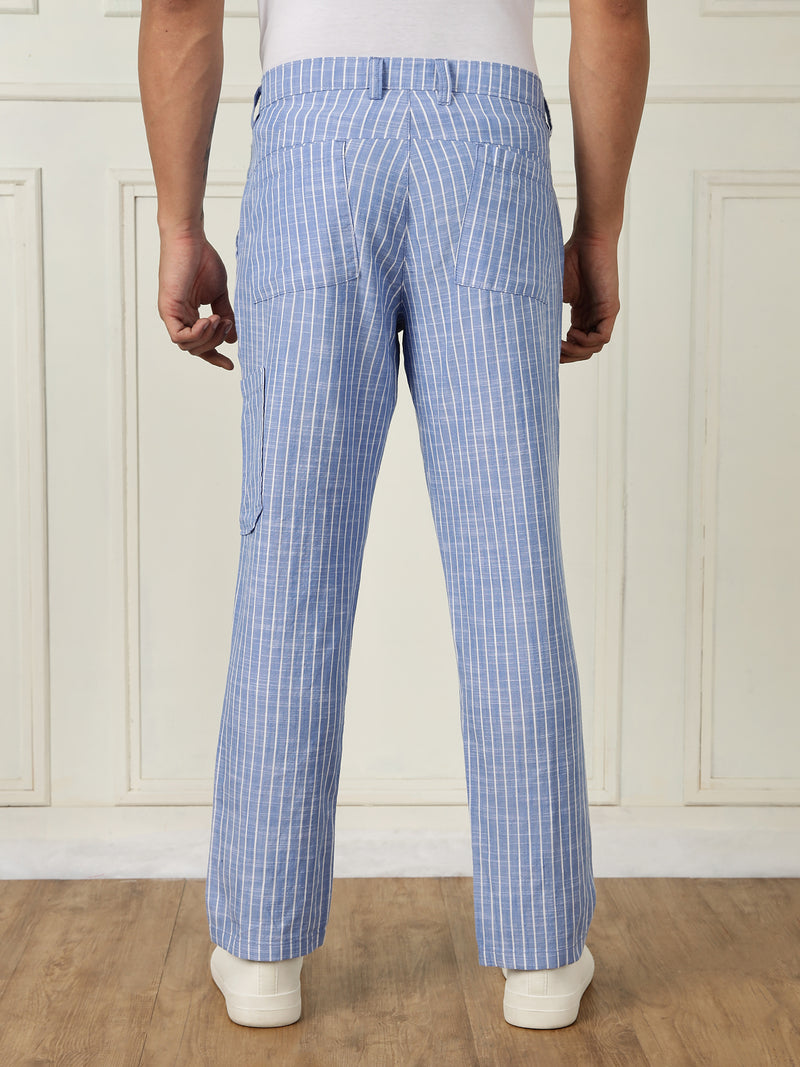 Thomas Scott Men Blue Mid-Rise Straight Fit Striped Linen Trouser