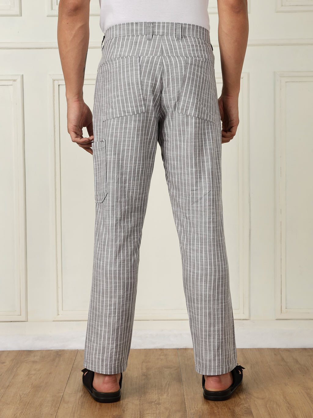 Thomas Scott Men Grey Mid-Rise Straight Fit Striped Linen Trouser