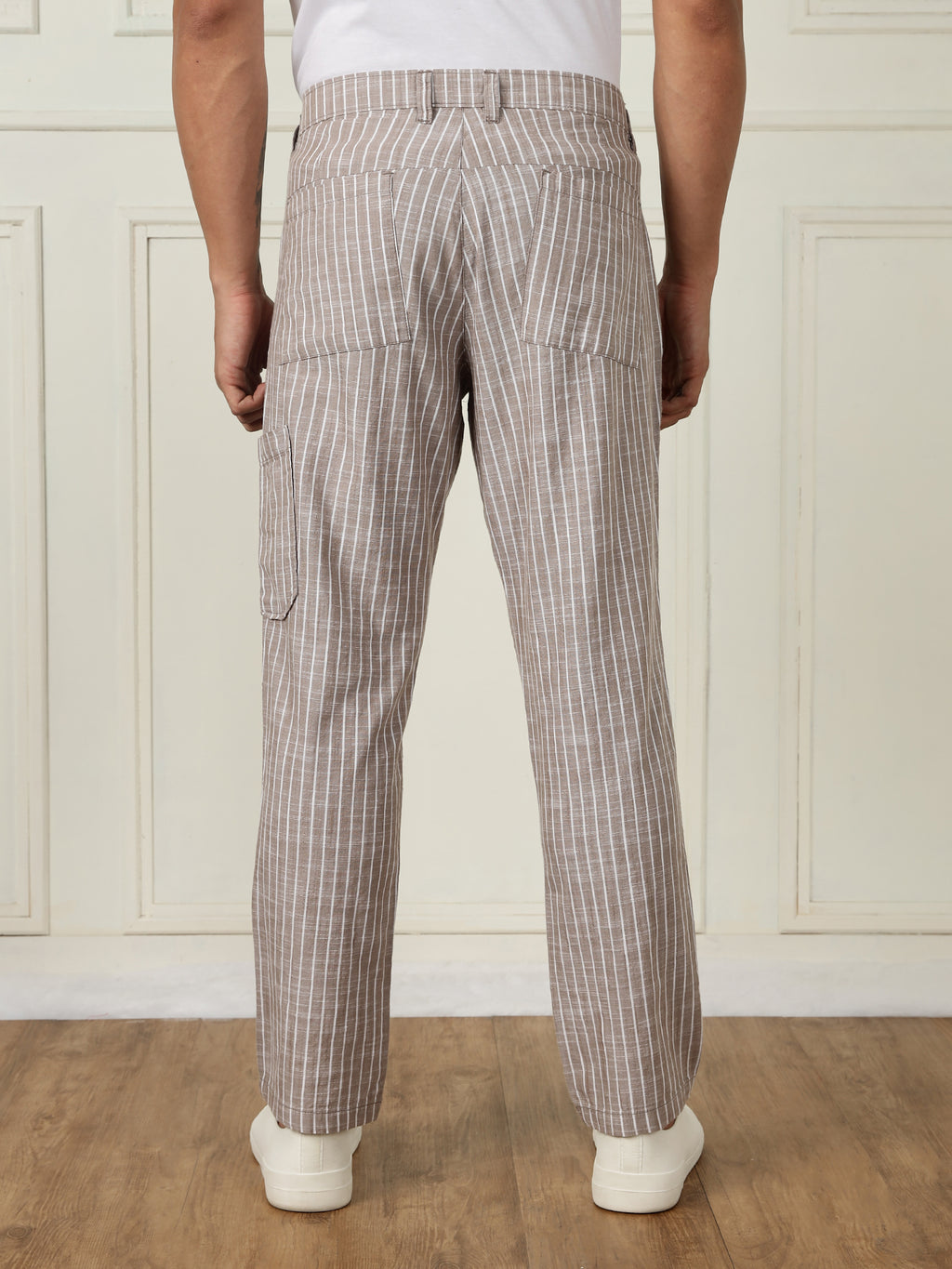 Thomas Scott Men Light Brown Mid-Rise Straight Fit Striped Linen Trouser