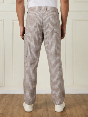 Thomas Scott Men Light Brown Mid-Rise Straight Fit Striped Linen Trouser