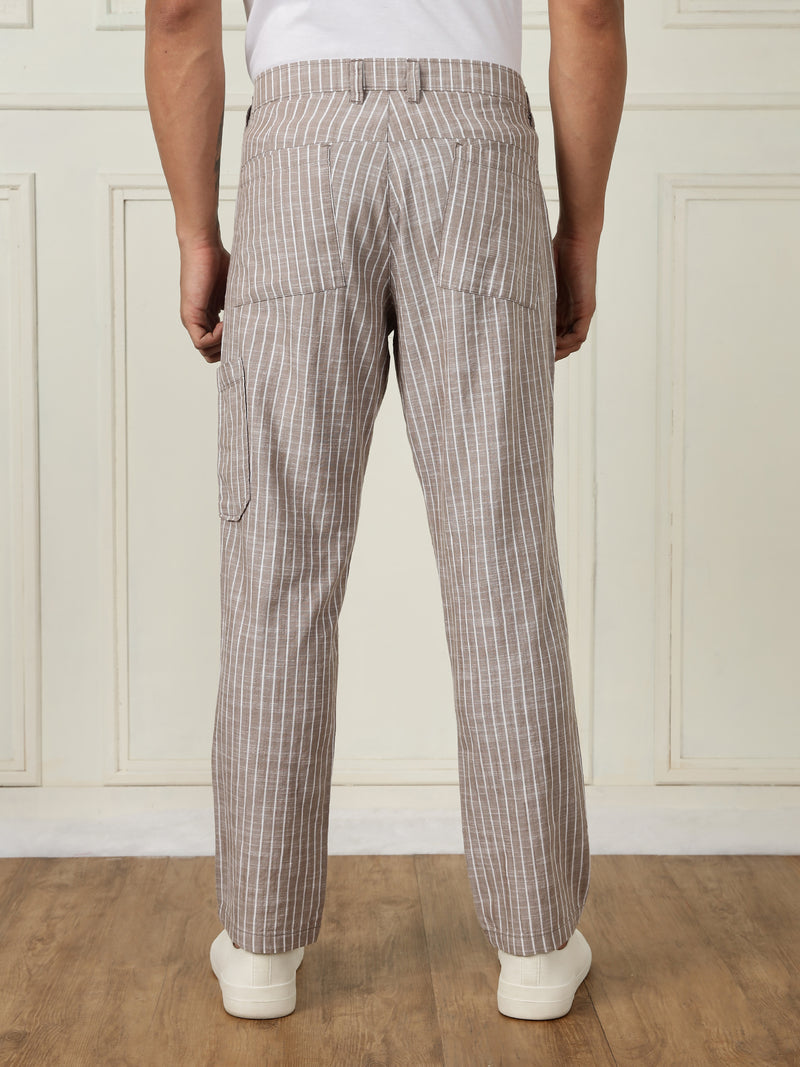 Thomas Scott Men Light Brown Mid-Rise Straight Fit Striped Linen Trouser