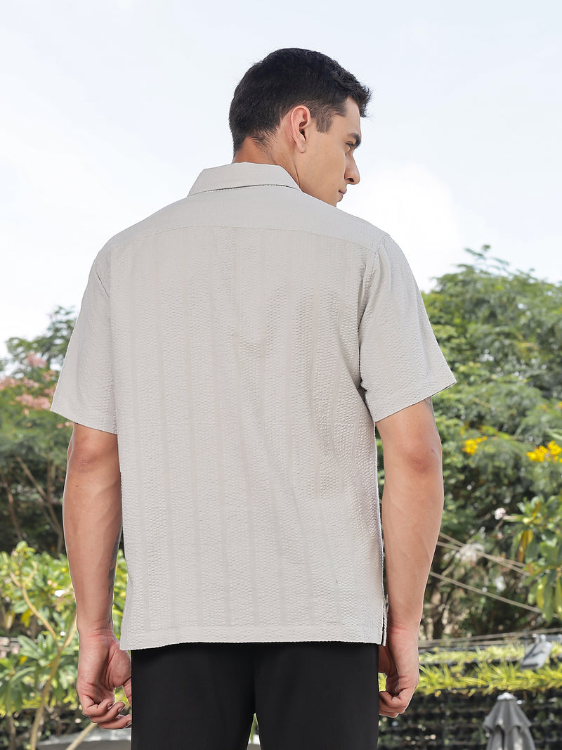 Thomas Scott Men Grey Slim Fit Short Sleeves Self Design Seersucker Shirt