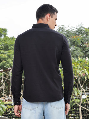 Thomas Scott Men Black Slim Fit Long Sleeves Button-Down Collar Seersucker Shirt
