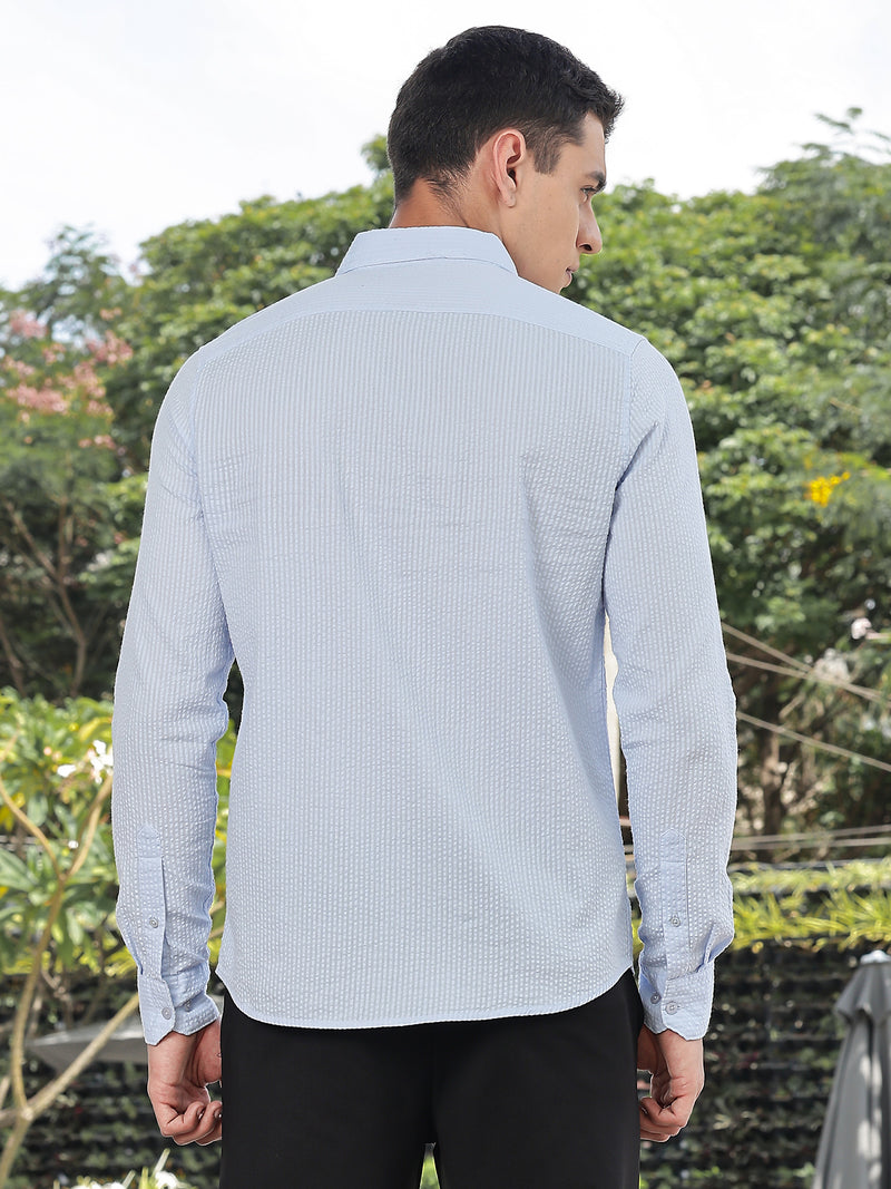 Thomas Scott Men Sky Blue Slim Fit Long Sleeves Button-Down Collar Seersucker Shirt