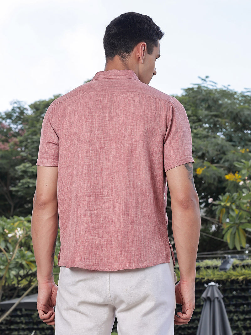 Thomas Scott Men Peach Regular Fit Short Sleeves Cuban Collar Embroidered Crop Shirt