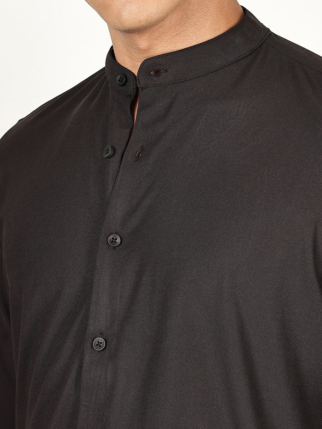 Thomas Scott Men Black Premium Slim Fit Long Sleeves Mandarin Collar 4 Way Stretch CoolMax Knitted Shirt
