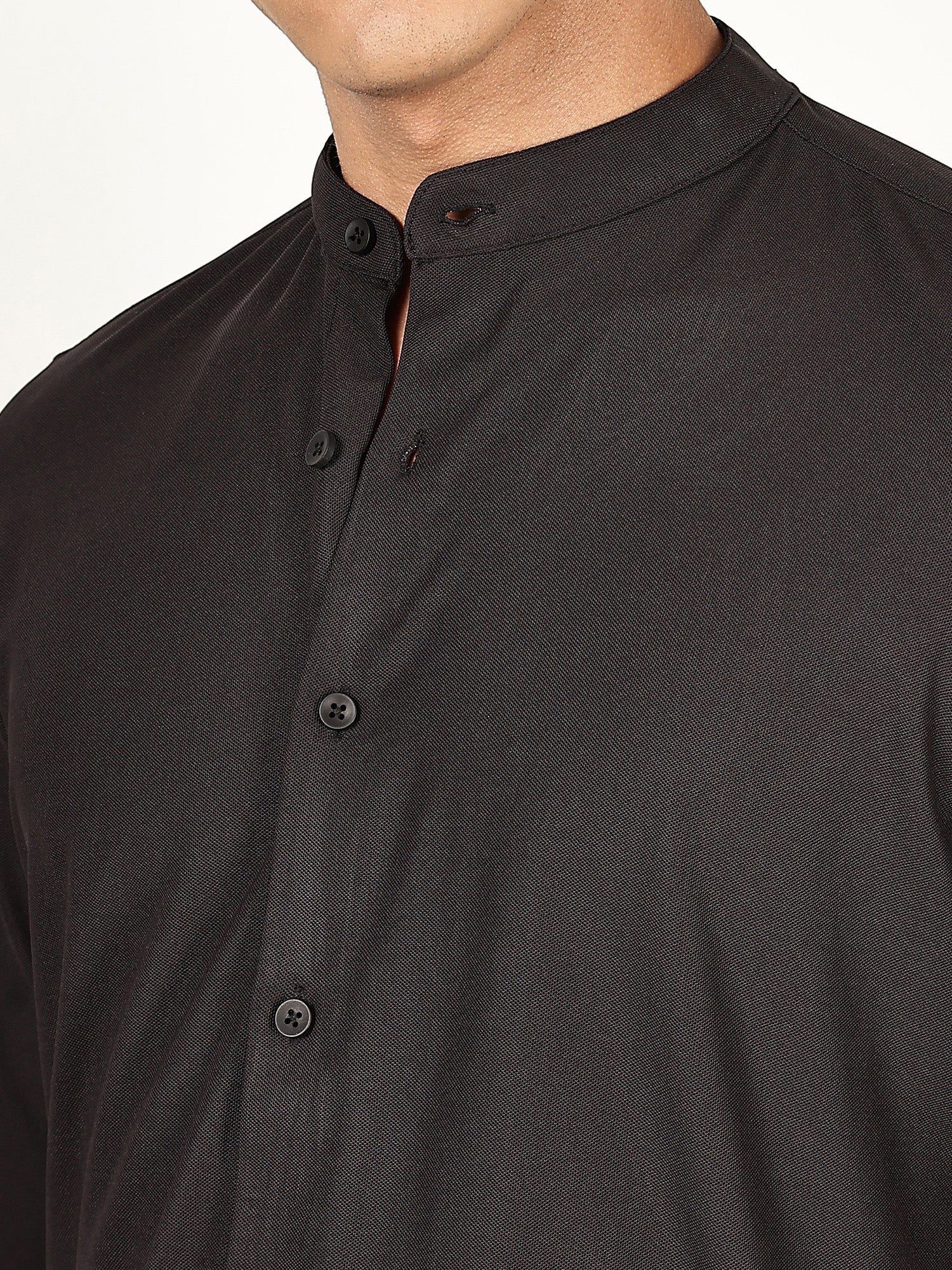 Thomas Scott Men Black Premium Slim Fit Long Sleeves Mandarin Collar 4 Way Stretch CoolMax Knitted Shirt