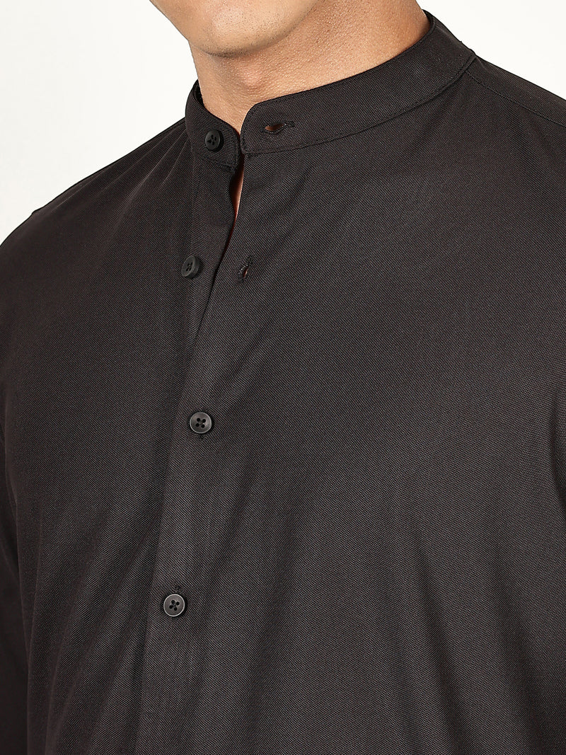 Thomas Scott Men Black Premium Slim Fit Long Sleeves Mandarin Collar 4 Way Stretch CoolMax Knitted Shirt