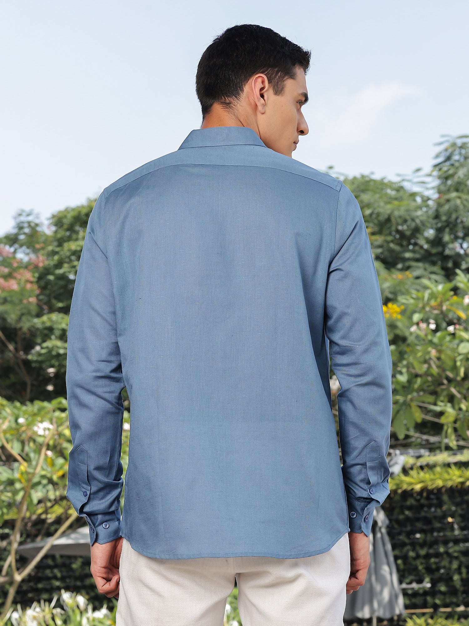 Thomas Scott Men Blue Slim Fit Long Sleeves Spread Collar Linen Casual Shirt