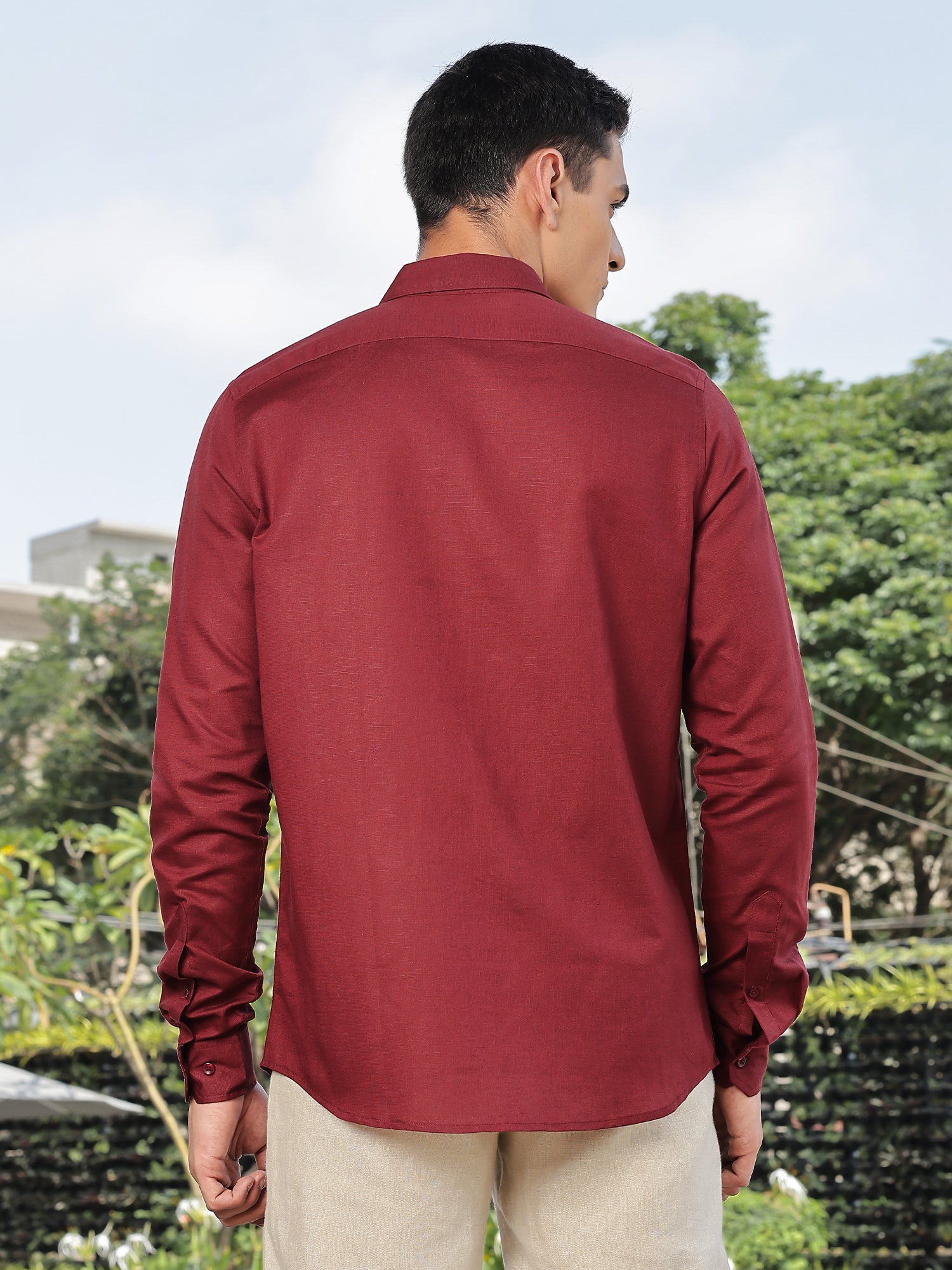 Thomas Scott Men Maroon Slim Fit Long Sleeves Spread Collar Linen Casual Shirt