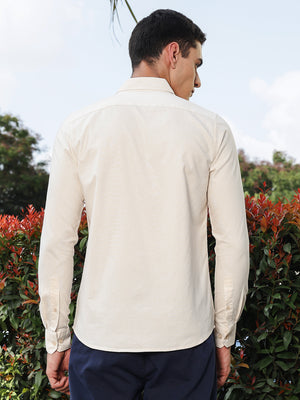 Thomas Scott Men Beige Regular Fit Long Sleeves Spread Collar Oxford Embroidered Shirt