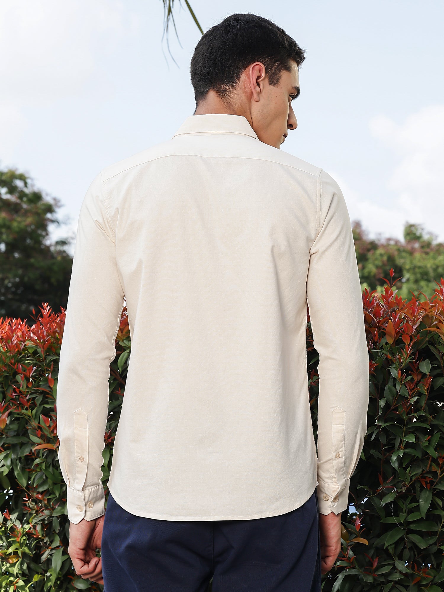Thomas Scott Men Beige Regular Fit Long Sleeves Spread Collar Oxford Embroidered Shirt