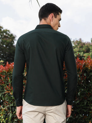 Thomas Scott Men Bottle Green Regular Fit Long Sleeves Spread Collar Oxford Embroidered Shirt