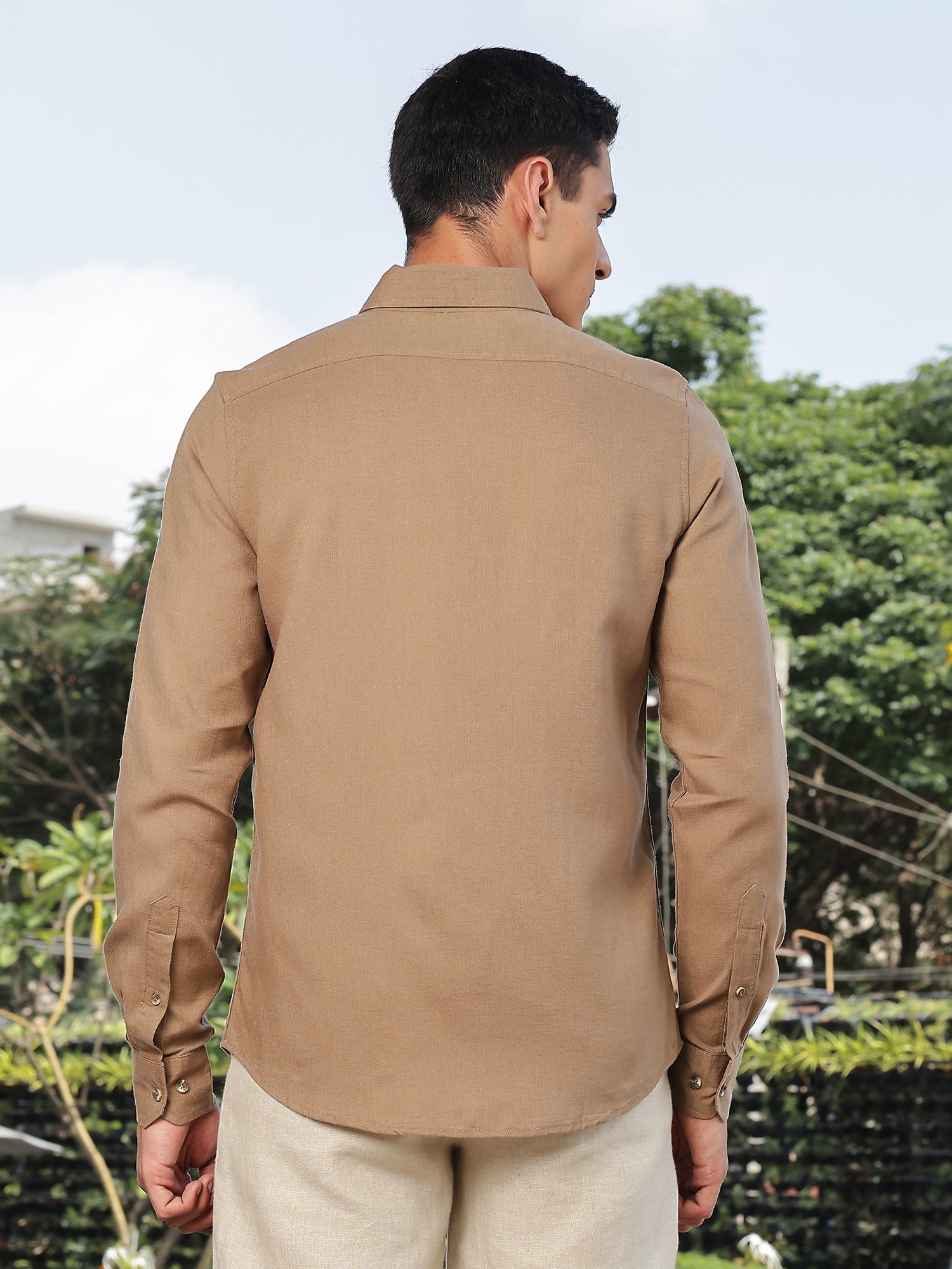 Thomas Scott Men Brown Slim Fit Long Sleeves Button-Down Collar Lyocel Linen Casual Shirt