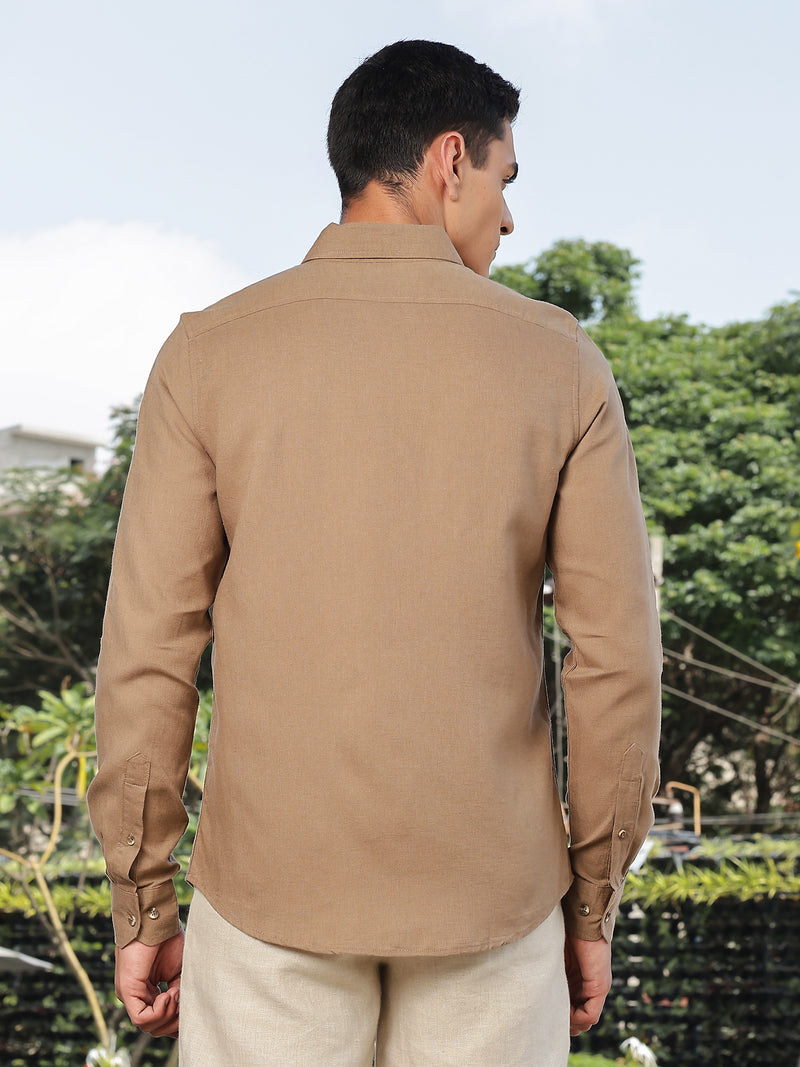 Thomas Scott Men Brown Slim Fit Long Sleeves Button-Down Collar Lyocel Linen Casual Shirt
