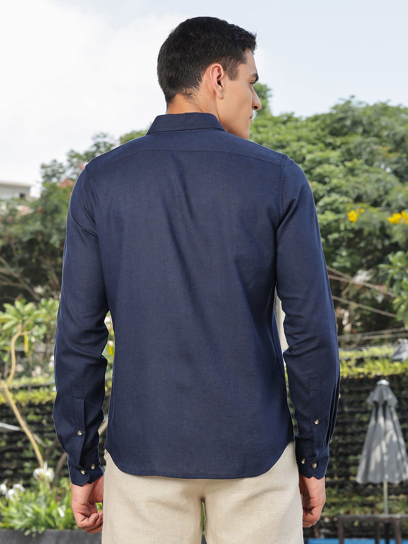 Thomas Scott Men Navy Slim Fit Long Sleeves Button-Down Collar Lyocel Linen Casual Shirt