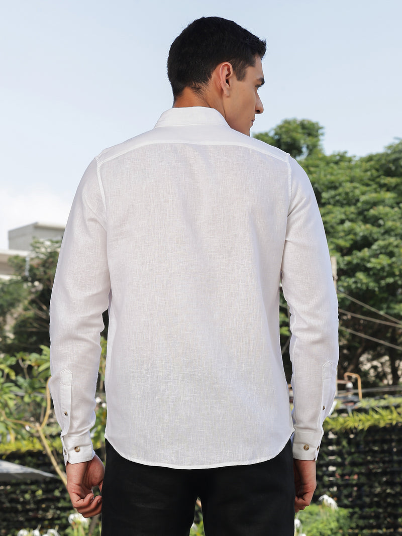 Thomas Scott Men White Slim Fit Long Sleeves Button-Down Collar Lyocel Linen Casual Shirt