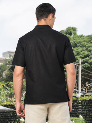 Thomas Scott Men Black Short Sleeves Oversized Cotton Linen Casual Shirt