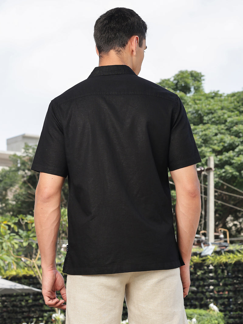 Thomas Scott Men Black Short Sleeves Oversized Cotton Linen Casual Shirt