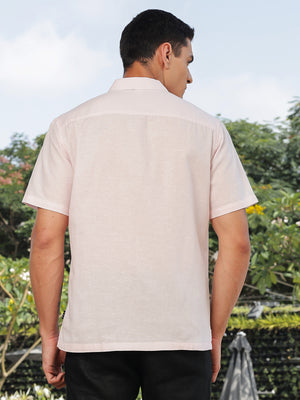 Thomas Scott Men Pink Short Sleeves Oversized Cotton Linen Casual Shirt