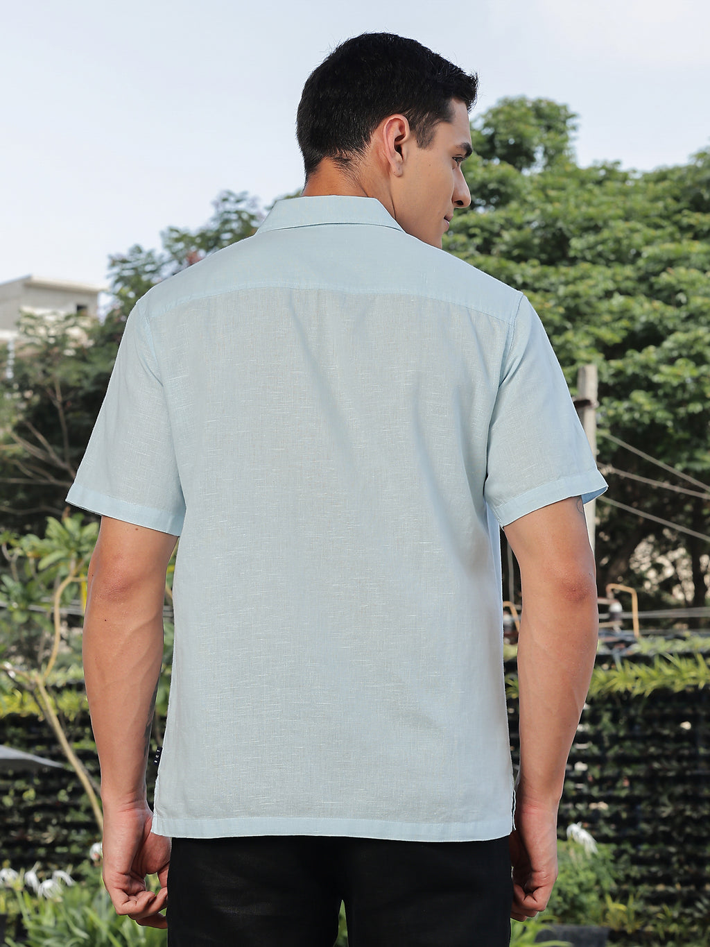 Thomas Scott Men Sky Blue Short Sleeves Oversized Cotton Linen Casual Shirt