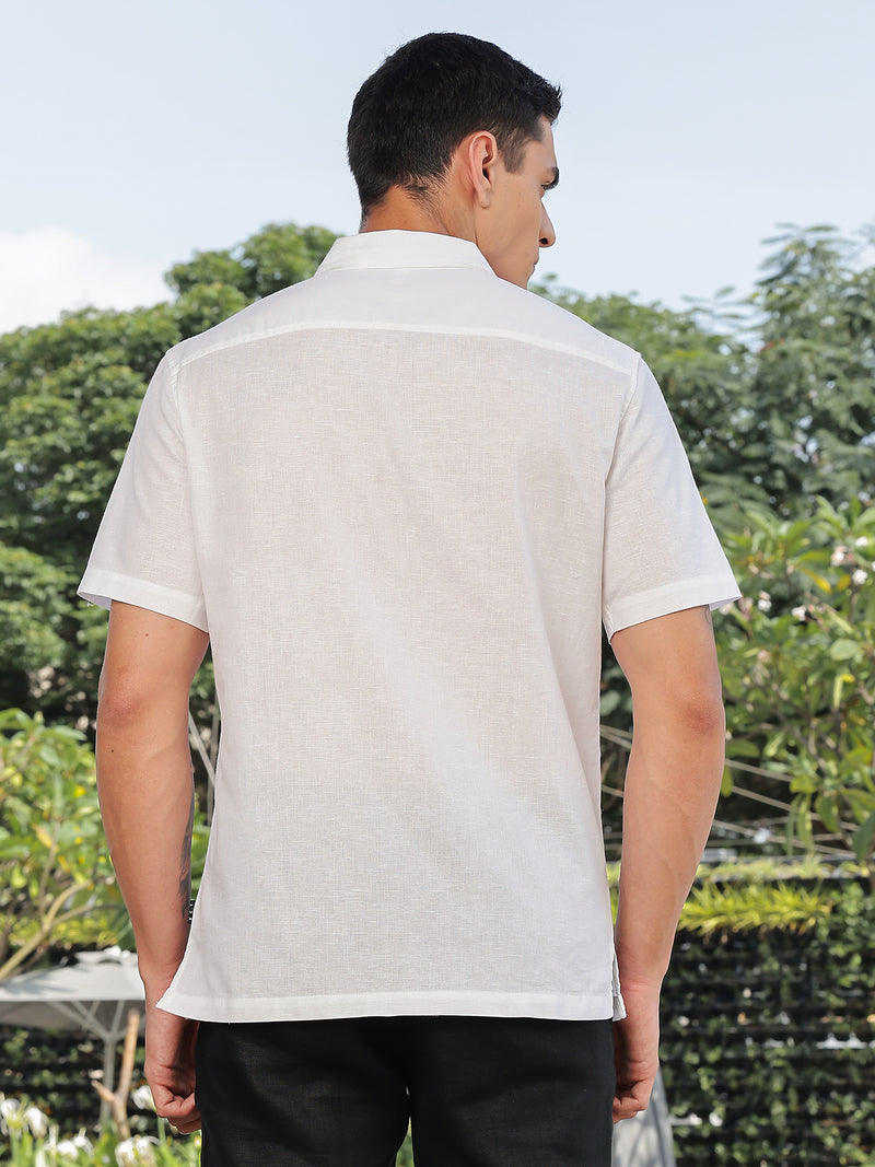 Thomas Scott Men White Short Sleeves Oversized Cotton Linen Casual Shirt