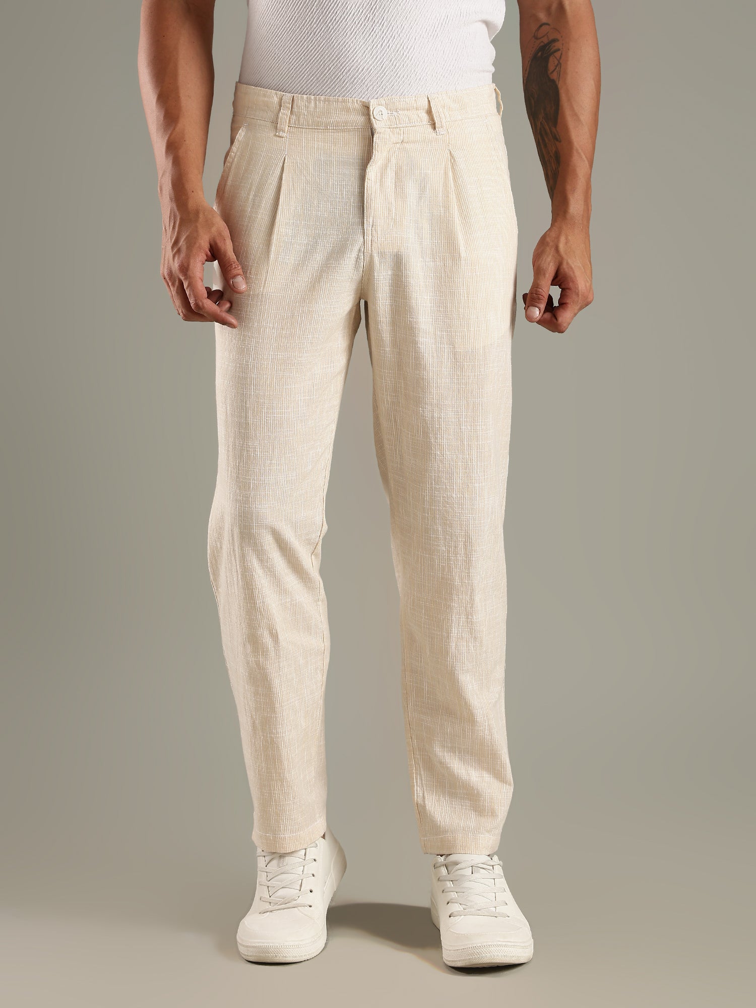 Thomas Scott Men Beige Straight Fit Mid-Rise Sriped Linen Trouser
