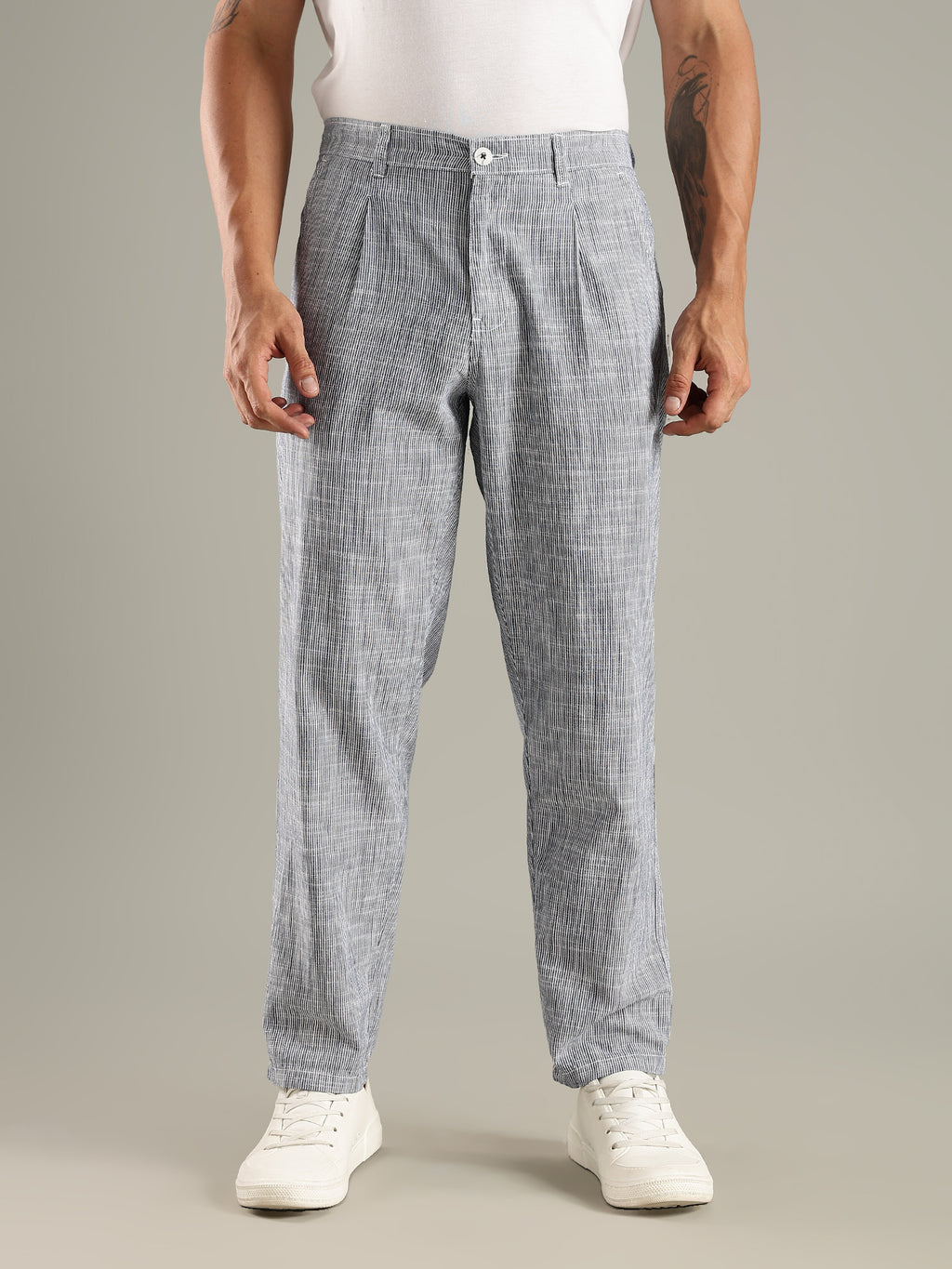 Thomas Scott Men Navy Straight Fit Mid-Rise Sriped Linen Trouser