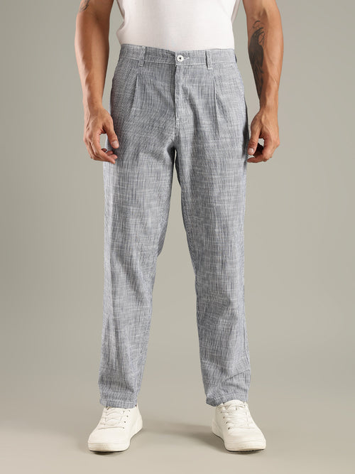 Thomas Scott Men Navy Straight Fit Mid-Rise Sriped Linen Trouser