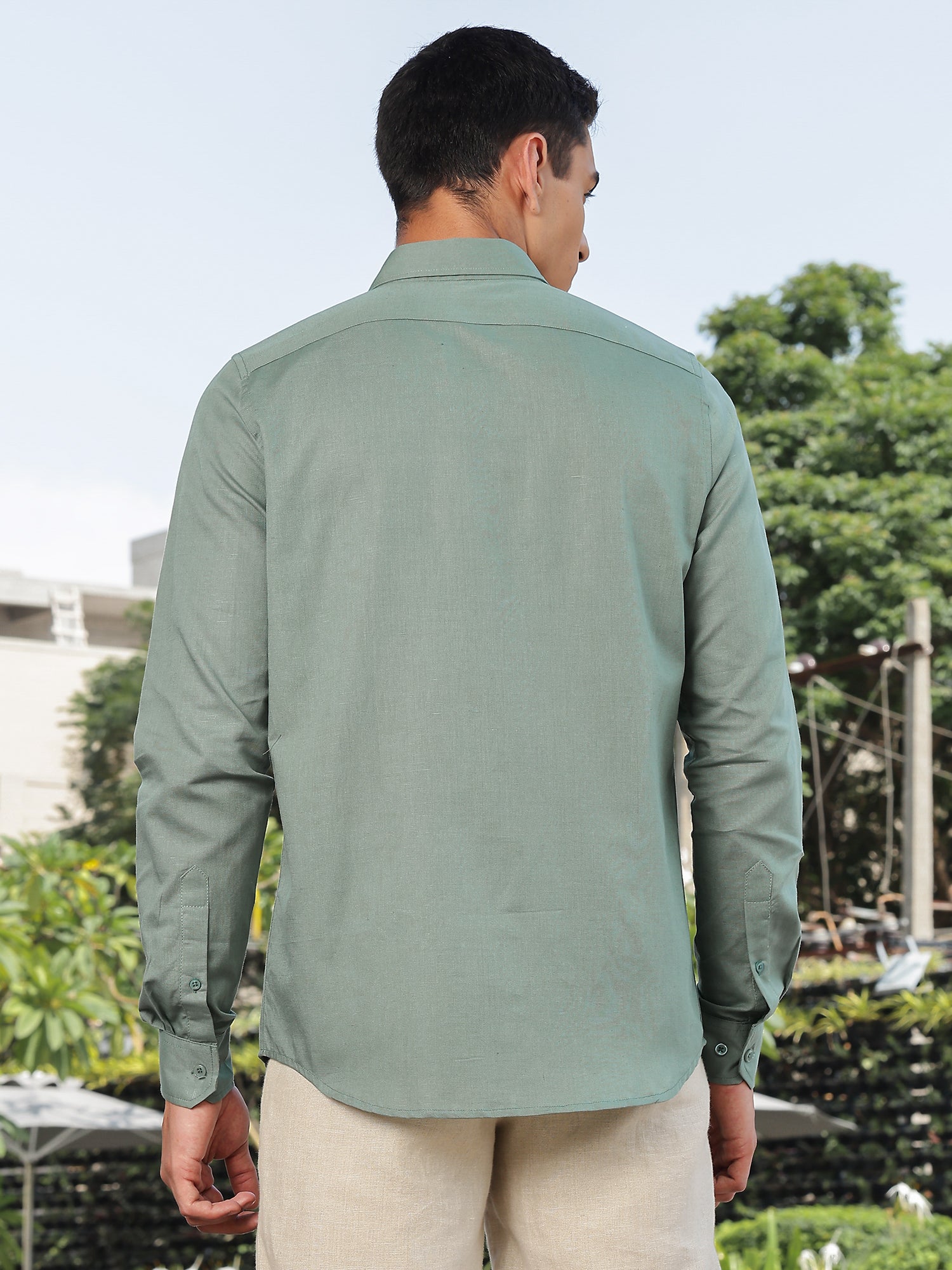Thomas Scott Men Green Slim Fit Long Sleeves Spread Collar Linen Casual Shirt