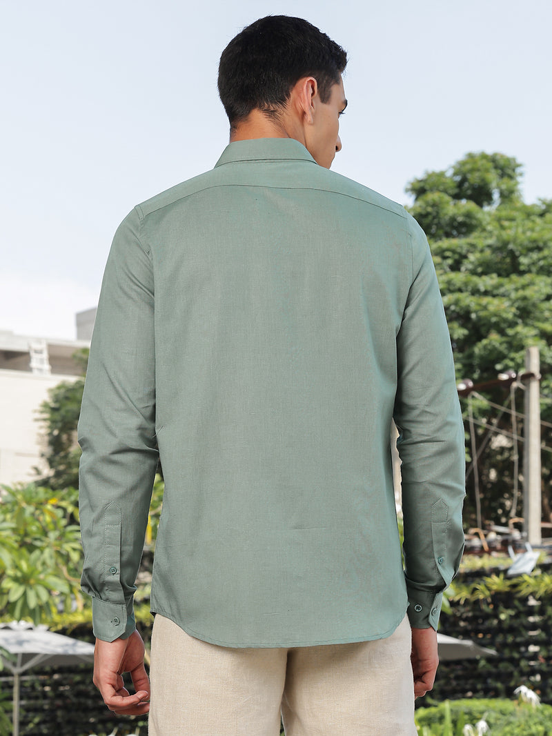 Thomas Scott Men Green Slim Fit Long Sleeves Spread Collar Linen Casual Shirt