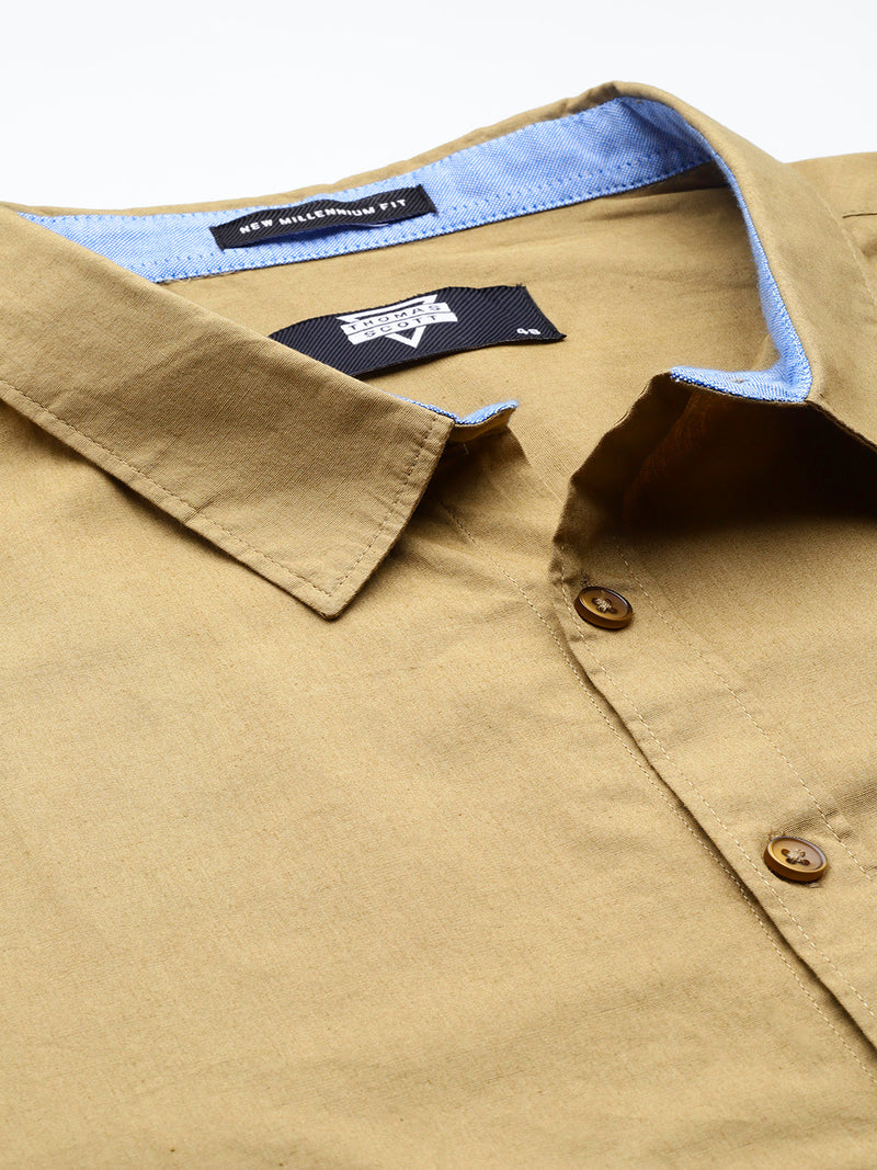 Thomas Scott Men Khaki Plus Size Regular Fit Long Sleeves Spread Collar Casual Shirt