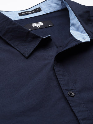 Navy Plus Size Regular Fit Long Sleeves Spread Collar Casual Shirt For Men