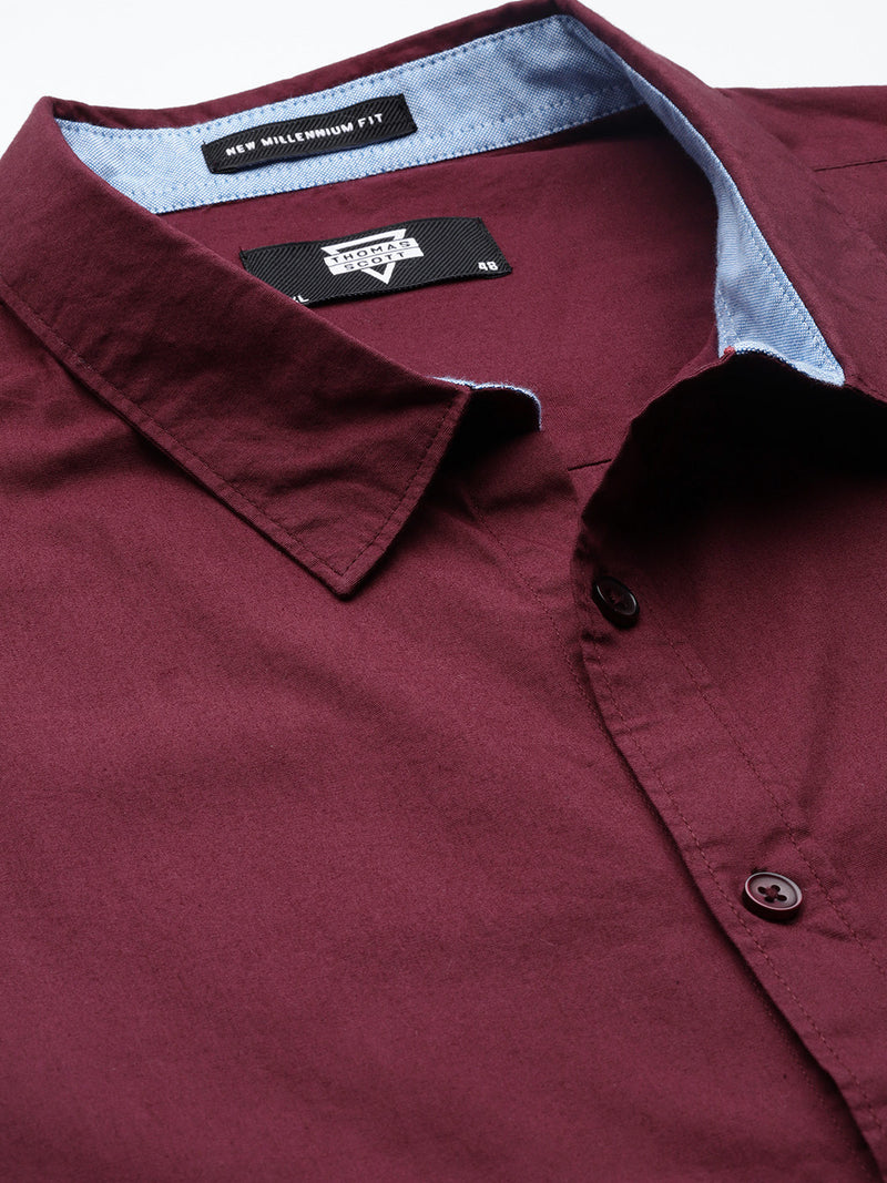 Thomas Scott Men Wine Plus Size Regular Fit Long Sleeves Spread Collar Casual Shirt