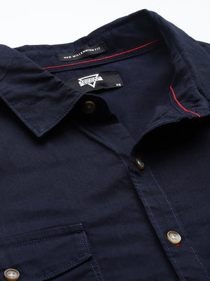 Navy Plus Size Regular Fit Long Sleeves Spread Collar Casual Shirt For Men